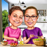 Caricature de cuisine de deux personnes dessinées à la main dans un style coloré avec un arrière-plan personnalisé