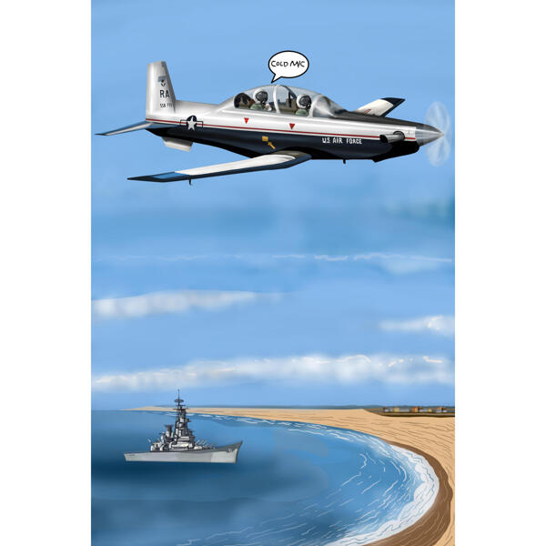 Henkilökohtainen lentokoneen karikatyyrimuotokuva valokuvasta mukautetulla taustalla