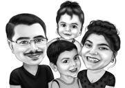 Forældre med børn tegneserieportræt fra foto i sort / hvid digital stil