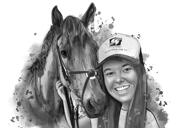 Horse Rider Head and Shoulders Caricature Portrait in Watercolor Black and White for Custom Equestrian Gift