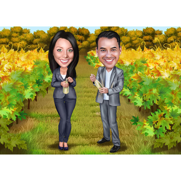 Caricatura de casal de vinicultores de fotos em fundo de vinhedo para presente personalizado