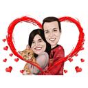 Caricatura de pareja con gato en color de corazón de fotos