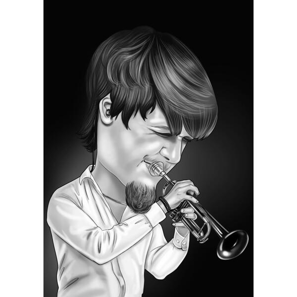 Trumpetinsoittimen karikatyyri valokuvasta mustavalkoisena digitaalisella taustalla