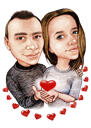 Caricature de couple tenant des coeurs