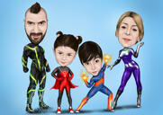 Família de super-heróis com caricatura de duas crianças de fotos com fundo de noite misteriosa