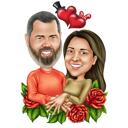 Caricature de fiançailles avec ornements floraux pour cadeau d'anniversaire