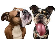 Bulldogu karikatūras pāris krāsainā stilā, kas zīmēts no fotoattēliem