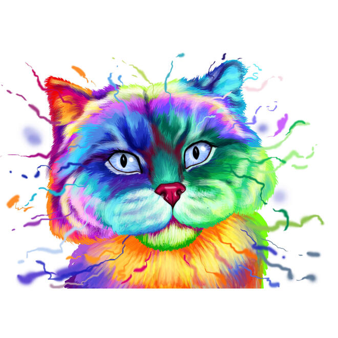 Vacker brittisk kattporträttkarikatyr i regnbågsvattenfärgstil från foton