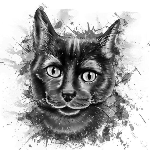Sød katkarikaturportræt fra fotos i sort og hvid akvarelstil
