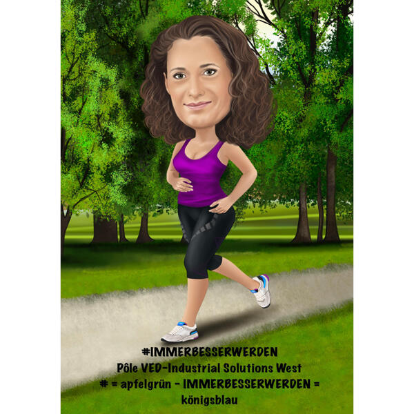 Jogging in Park Person Caricature in Color Digital Style Drawn from Photos