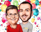 Två personer grattis på födelsedagen hög karikatyrritningspresent i färgstil från foton