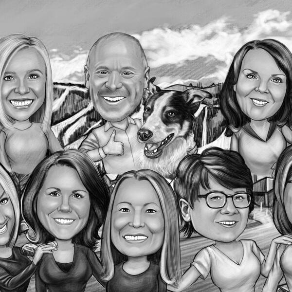 Custom Group Caricature from Photos with Custom Background