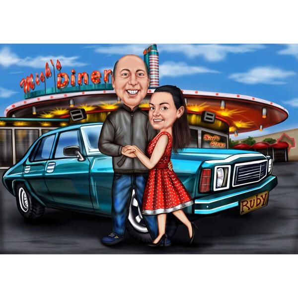 رسم كاريكاتوري ملون للزوجين مع خلفية مركبة وخلفية مخصصة