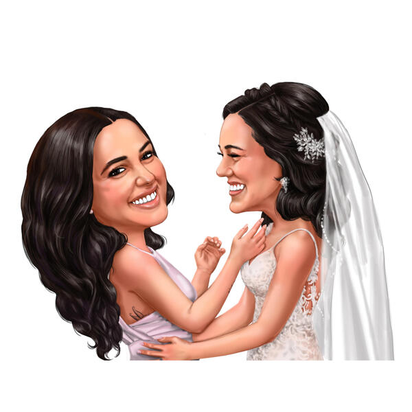 Bride with Best Bridesmaid Caricature from Photos in Color Style