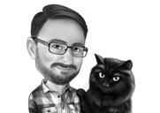 Homem com presente de caricatura de desenho de gato em estilo preto e branco da foto