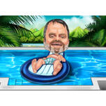 Caricatura de corpo inteiro personalizada com fundo de piscina