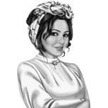 Pin-up-naisen muotokuva käsin piirretty mustavalkoisena valokuvasta
