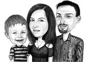 Familiekarikatur fra fotos i sort / hvid stil