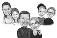 Zwart-wit familieportret van cartoons van foto's