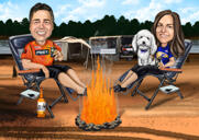 Camping-Paar-Cartoon-Porträt mit Lagerfeuer