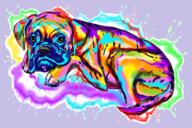 Renkli Arka Plan ile Suluboya Tarzında Tam Vücut Boksör Köpek Karikatür Portresi