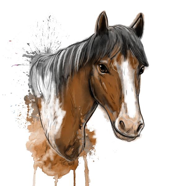 Portrait à l'aquarelle de cheval en coloration naturelle
