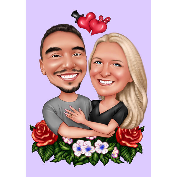 Cadeau de caricature de couple avec des ornements floraux sur fond coloré