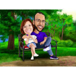 Par på parkbænk Farvet karikatur med naturbaggrund fra fotos