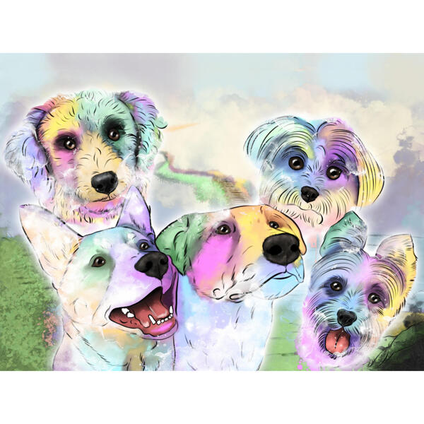 Watercolor Dogs Portrait Drawing in Pastel Tone with Custom Background