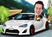 Caricatura de pessoa no carro com impressão em tela colorida de presente