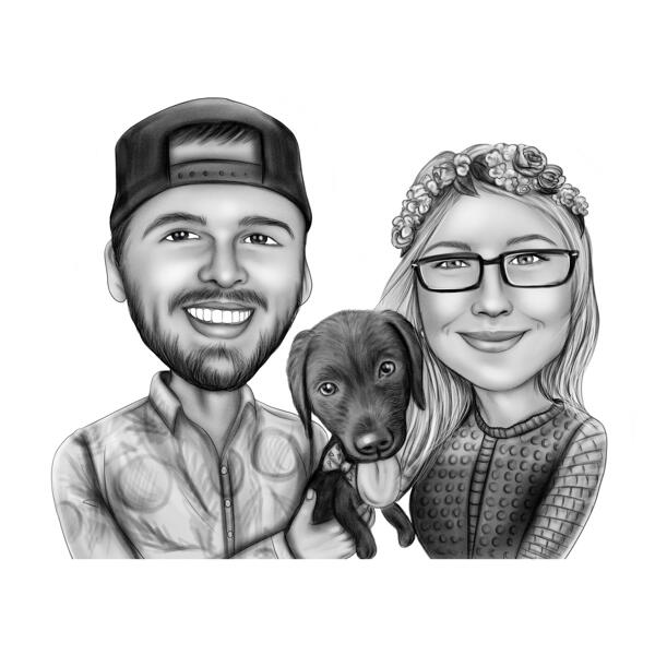 Retrato de pareja en blanco y negro con cachorro labrador