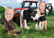Farming Couple Caricature in Colored Style with Custom Background