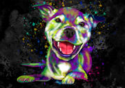 Hundekarikaturportræt i fuld krop i akvareller med en farvebaggrund
