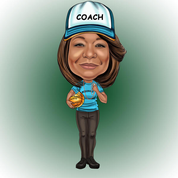 Caricatura de corpo inteiro de treinadora feminina de fotos para presente personalizado de treinador