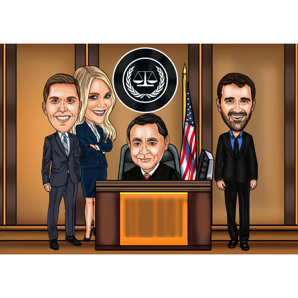 Kohtunik koos advokaatide grupi karikatuuriga kohtus, mis on mõeldud tavainimese kingituseks