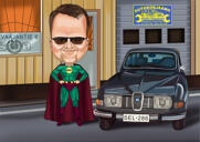 Krāsaina stila karikatūras zīmējums — persona ar automašīnu, personalizēta numura zīmes karikatūra
