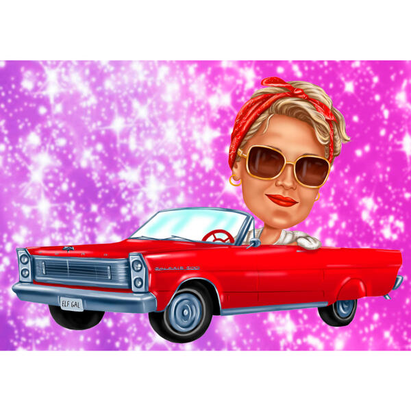Pin Up Style Woman em caricatura de carro de fotos com fundo colorido