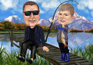 Isa ja poja kalapüügi karikatuur järve taustaga