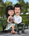 Casal na caricatura colorida do banco do parque com fundo da natureza das fotos
