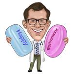 Caricatura engraçada de aposentadoria de médico com comprimidos