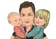 Isä ja 2 lasta sarjakuva karikatyyri lahja värityyliin valokuvista