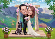 Caricatura de invitación de boda de pareja con mascota en estilo de color sobre fondo personalizado