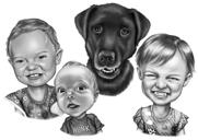 Černobílý rodinný portrét s labradorem