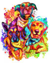 Caricatura de retrato de grupo de tres perros en acuarelas de arco iris, tipo de cuerpo completo