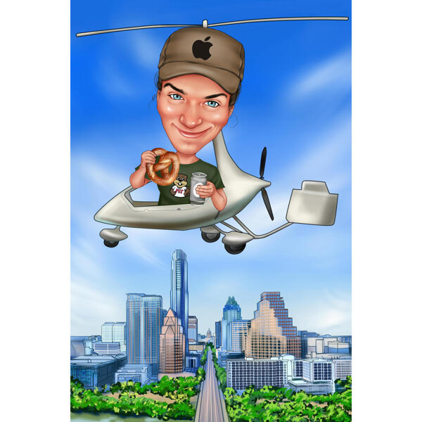 Osoba ve vlastní karikatuře vrtulníku z fotografií