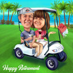 Caricature de couple dans une voiturette de golf