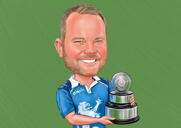 Vincitore del campionato sportivo con caricatura del trofeo da foto con sfondo colorato