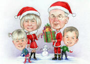 Caricature de Noël de groupe en vêtements de père Noël et fond blanc