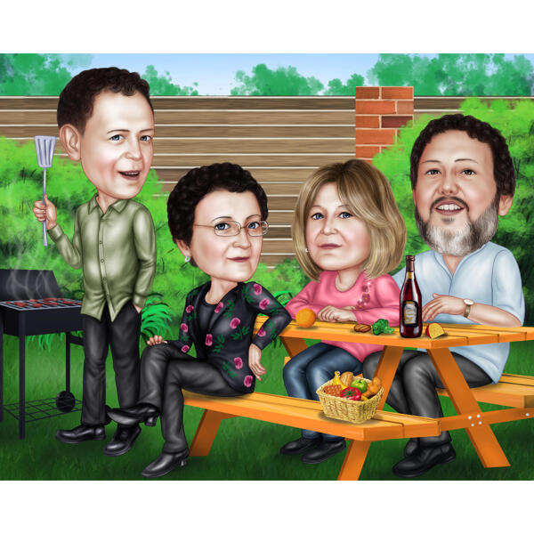 Caricatura de grupo de churrasco em estilo colorido com fundo ao ar livre