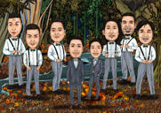 Caricatura de padrinhos com fundo de casa